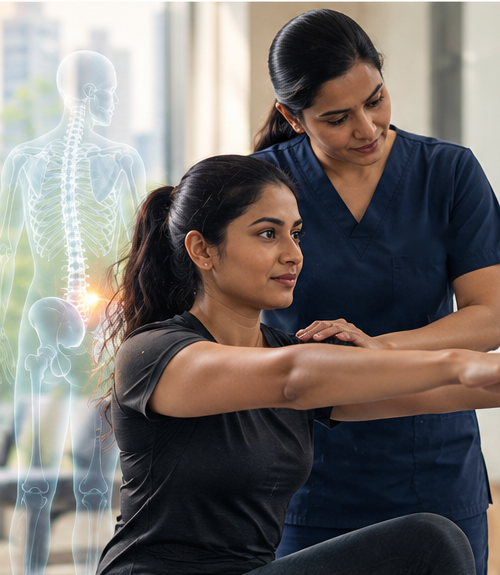 A premium Indian clinical movement scene with a subtle skeletal movement overlay